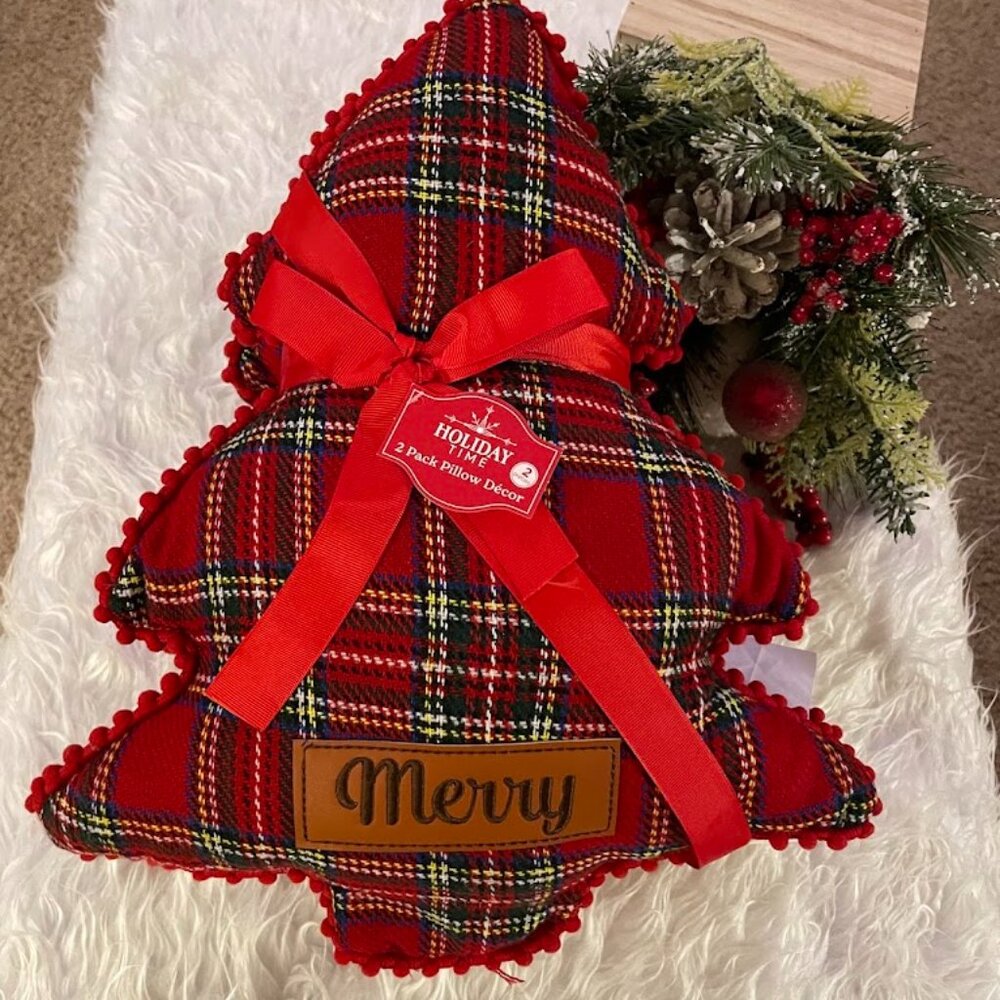Tree Shaped "Merry" Decorative Pillow Gift Set of TWO!  NWT